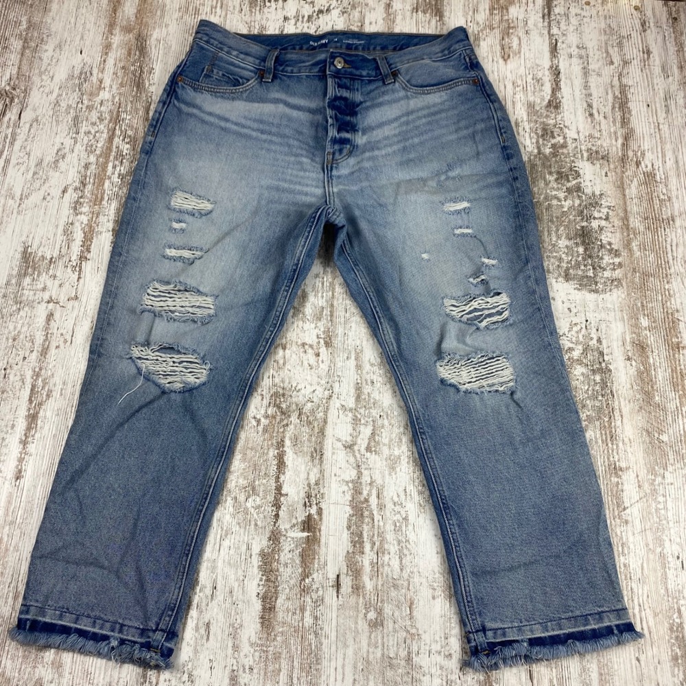 Old Navy High Rise Slouchy Straight Cropped Distressed Jeans Womens 14 Nessa